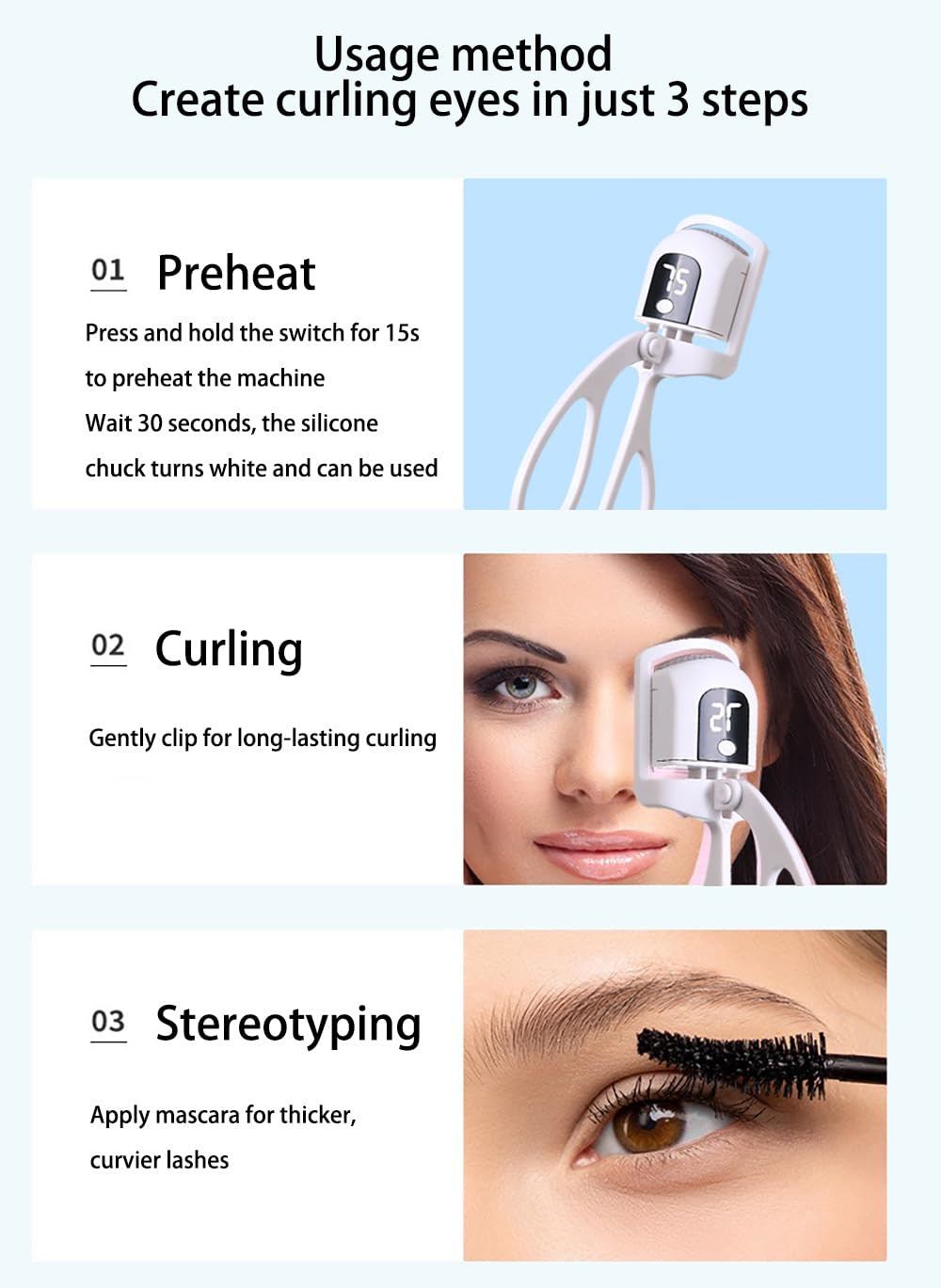 New 65-85℃ Electric Heated Eyelash Curler Portable Electric Comb Eye Lash Perm Long Lasting Shaping Thermal Curler Makeup Tools