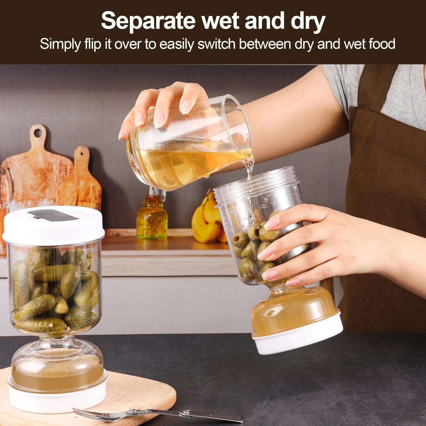 Pickle Olive Hourglass Jar Dry and Wet Dispenser with Strainer Flip Can for Food Storage Cucumber Olives Kitchen Supplies Tool